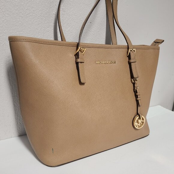 Michael Kors Large Jet Set Saffiano Leather Tote Handbag Purse Brown Top Zip - Picture 3 of 9